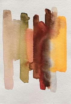 an abstract painting with different colors and shapes on it's white background, including brown, orange, yellow, and green