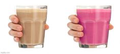 two hands holding glasses filled with different colored drinks, one is pink and the other is brown