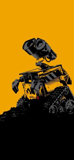 a black and yellow illustration of a robot on top of a hill