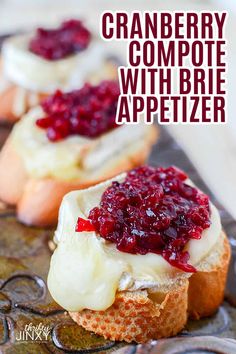 cranberry compote with brie appetizer on top and text overlay