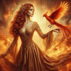 a woman in a long dress holding a bird on her arm with fire behind her