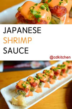 there is a plate with sushi on it and the title says japanese shrimp sauce