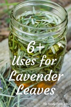 a jar filled with lavender leaves on top of a wooden table