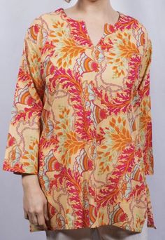 (1) Dolma Cotton Tunic Summer Sunrise – Girl Intuitive Printed Tunic For Beach Cover-up In Summer, Printed Tunic Kaftan For Beach Cover-up, Summer Beach Cover-up Printed Tunic, Orange Tunic Kaftan For Beach Cover-up, Summer Cotton Tunic Cover-up, Coral And Seaweed, Organic Cotton Leggings, Summer Sunrise, Tulip Pattern