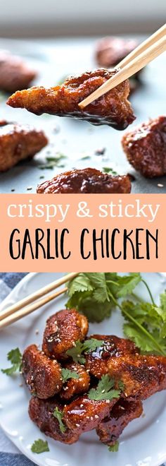 crispy and sticky garlic chicken on a plate with chopsticks