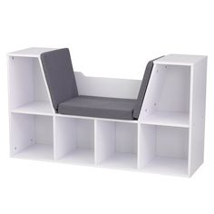 a white bookcase with two chairs on top and one chair in the bottom section