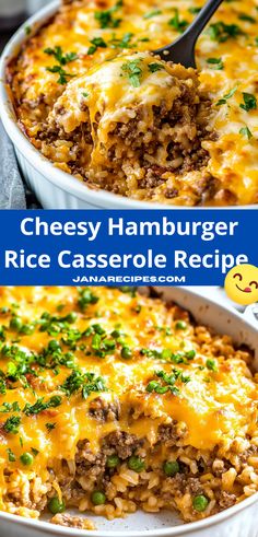 cheesy hamburger rice casserole recipe in a white dish