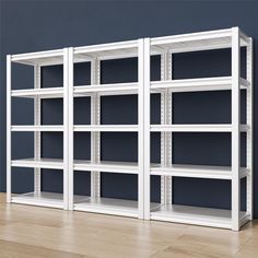 three empty white shelving units against a blue wall in an empty room with wood flooring