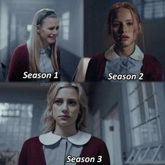 two women with different facial expressions and the words season 1, season 2, and season 3