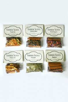 six different types of incenses are arranged in the shape of small boxes with labels on them