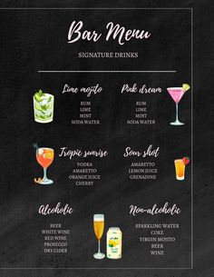 a chalkboard menu with drinks on it and the words bar menu written in different languages