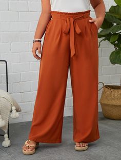 Wide Leg Pants Plus Size, Over 50 Womens Fashion, Pinterest Closet, Wide Leg Trousers, Waist Tie, Burnt Orange, Leg Pants