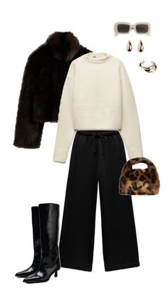 a woman wearing black pants, white sweater and fur stoler with leopard print purse