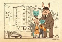 an image of some people with rabbits on their heads in front of a building and car