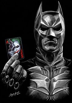 a drawing of batman holding a card in his hand