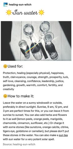 Uses For Sun Water, Sun Witch, Witch Tips, Water Witch, Spells For Beginners, Wiccan Magic