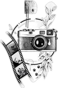 an old camera and film strip with leaves on the side, in black and white