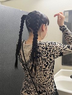 Zig Zag Part Pigtails, Y2k Long Hairstyles, Sleek Pigtails, Dance Practice Hairstyles, Cute Braided Ponytails, Braided Hairstyles Latina, Four Braids, Blue Hair Colour, Y2k Hairstyle