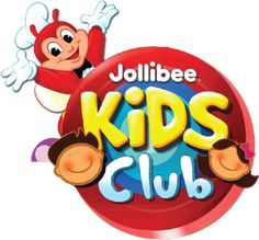 the jollibee kids club logo is shown in red and blue with two monkeys on it