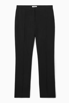 Classic Tailored Ankle-length Pantsuit, Elegant Pants With Pressed Crease And Straight Silhouette, Chic Black Pants With Straight Silhouette, Elegant Straight Silhouette Pants With Pressed Crease, Sleek Ankle-length Pants With Pressed Crease, Elegant Straight Pants With Pressed Crease, Timeless Pantsuit With Pressed Crease, Black Elastane Dress Pants With Straight Silhouette, Black Straight Silhouette Pants For Work