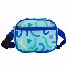 a blue and green bag with an arrow pattern on the front, zippered closure