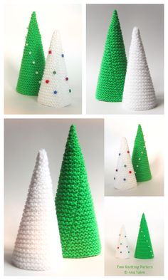 crocheted christmas trees are shown in four different colors and sizes, including white, green, and red