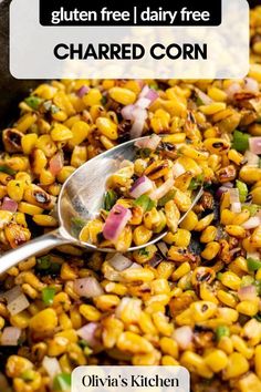 a close up of a spoon in a bowl of food with text overlay that reads gluten free dairy free chard corn