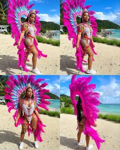 four pictures of a woman in pink and blue feathers