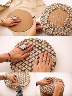 the process to make a diy ring holder with fabric and buttons is shown here