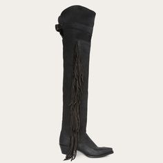 Black Western Style Knee-high Moto Boots With Leather Lining, Western Knee-high Boots With Leather Lining, Western Black Knee-high Heeled Boots, Womenknee Boots With Fringe, Western Black Leather Knee-high Boots, Brass Nails, Leather Footwear, Denim Boots, Fringe Boots