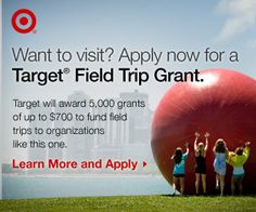 an advertisement for target field trip granting with four girls standing in front of giant red ball