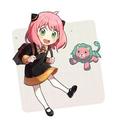 an anime character with pink hair and green eyes, wearing a black dress and carrying a brown bag