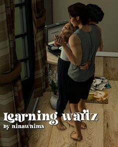 a woman holding a baby in her arms while standing next to a window with the words learning warz written on it