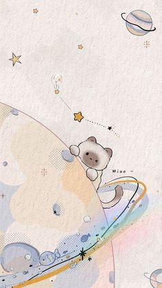 a teddy bear is sitting on top of an object in the sky with stars and planets around it