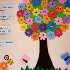 a bulletin board with flowers, butterflies and a tree on it's side that has words written in spanish