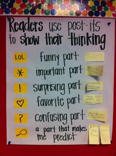 a bulletin board with writing on it that says readers use post - its to show their thinking