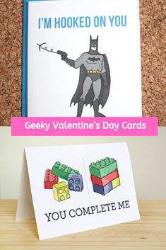 a valentine's day card with legos on it and a batman greeting card