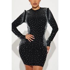 Dynamite Long Sleeve Rhinestone Mini Dress - XS / Black Glamorous Rhinestone Bodycon Dress For Night Out, Rhinestone Mini Bodycon Dress For Night Out, Rhinestone Bodycon Mini Dress For Night Out, Chic Rhinestone Mini Dress For Club, Chic Club Mini Dress With Rhinestones, Mini Length Bodycon Dress With Rhinestones For Night Out, Chic Mini Dress With Rhinestones For Club, Chic Mini Dress With Rhinestones For Night Out, Black Rhinestone Bodycon Dress For Party Season