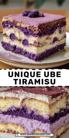 two different layers of cake on plates with the words unique ube tiramu