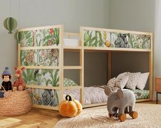 children's bedroom with bunk beds and jungle wallpaper, including an elephant toy