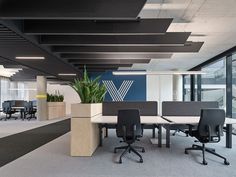 an office cubicle with desks, chairs and plants in the middle of it