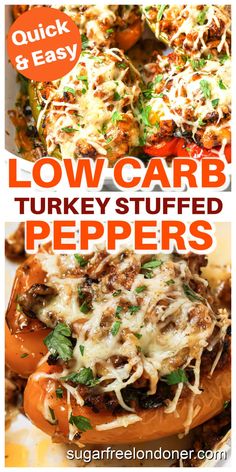 low carb turkey stuffed peppers on a plate with text overlay that says low carb turkey stuffed peppers