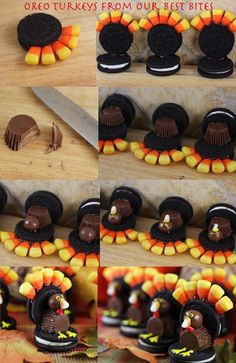 there are many pictures of cookies decorated to look like turkeys and cornucies