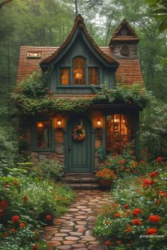 a small house in the woods surrounded by flowers