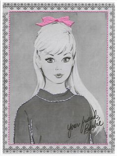 a drawing of a girl with long blonde hair wearing a pink bow