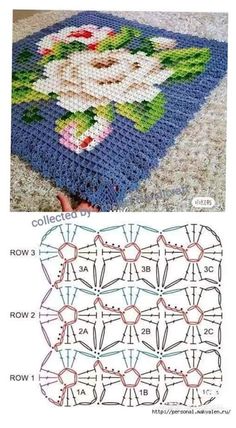 a crocheted blanket with flowers on it, and the pattern is shown below