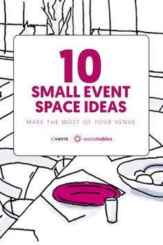 the cover of small event space ideas, which includes plates and cups on a table