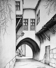 a drawing of an alleyway with stairs and a man standing in the doorways