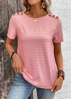 Color:Dusty Pink;Size:S;Size:M;Size:L;Size:XL;Size:XXL;Package Contents:1 X T Shirt;Occasion:Other;Style:Casual; Pink Patchwork T-shirt For Summer, Trendy Pink Tops With Splicing, Spring Crew Neck Top With Splicing, Crew Neck Tops With Splicing For Spring, Pink Patchwork Short Sleeve T-shirt, Pink Crew Neck T-shirt With Patchwork, Pink Patchwork Crew Neck Top, Striped Patchwork Short Sleeve Tops, Cotton Splicing T-shirt For Summer