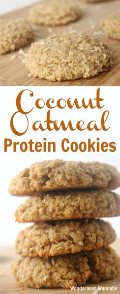 coconut oatmeal protein cookies stacked on top of each other with text overlay